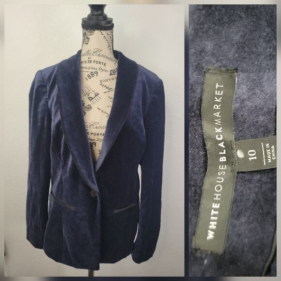 White House Black Market Blazer Size 10 Navy Velvet Tailored One Button Jacket - Picture 1 of 11
